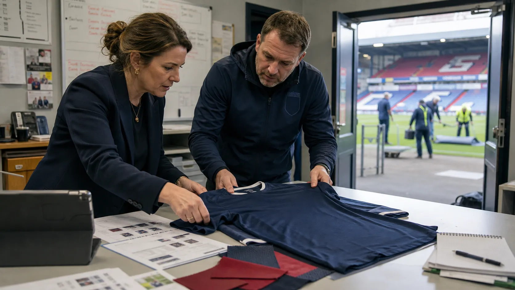 A club commercial director and kit manager reviewing an unbranded football shirt