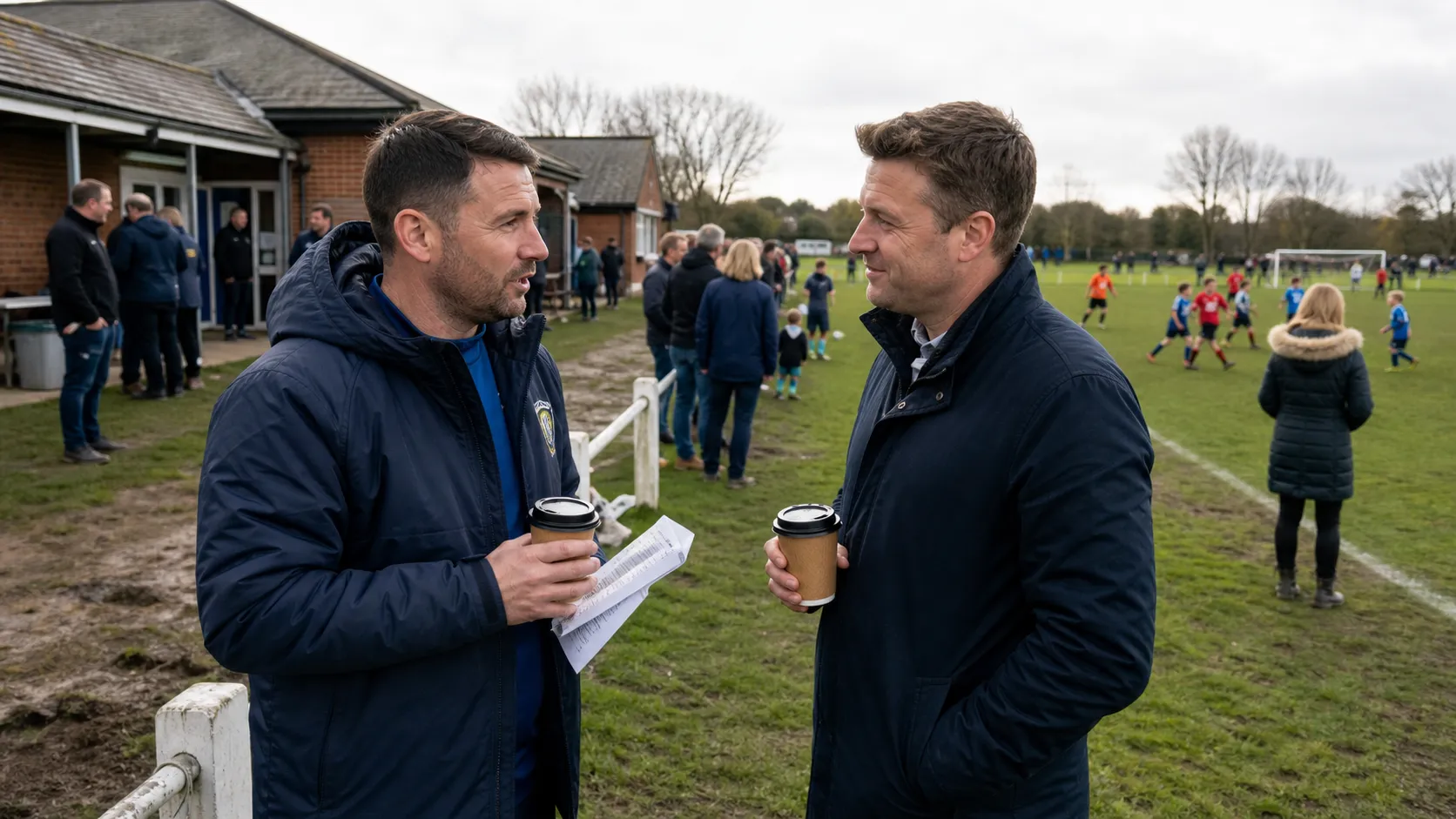 A grassroots club volunteer speaking with a local business owner during a busy weekend fixture