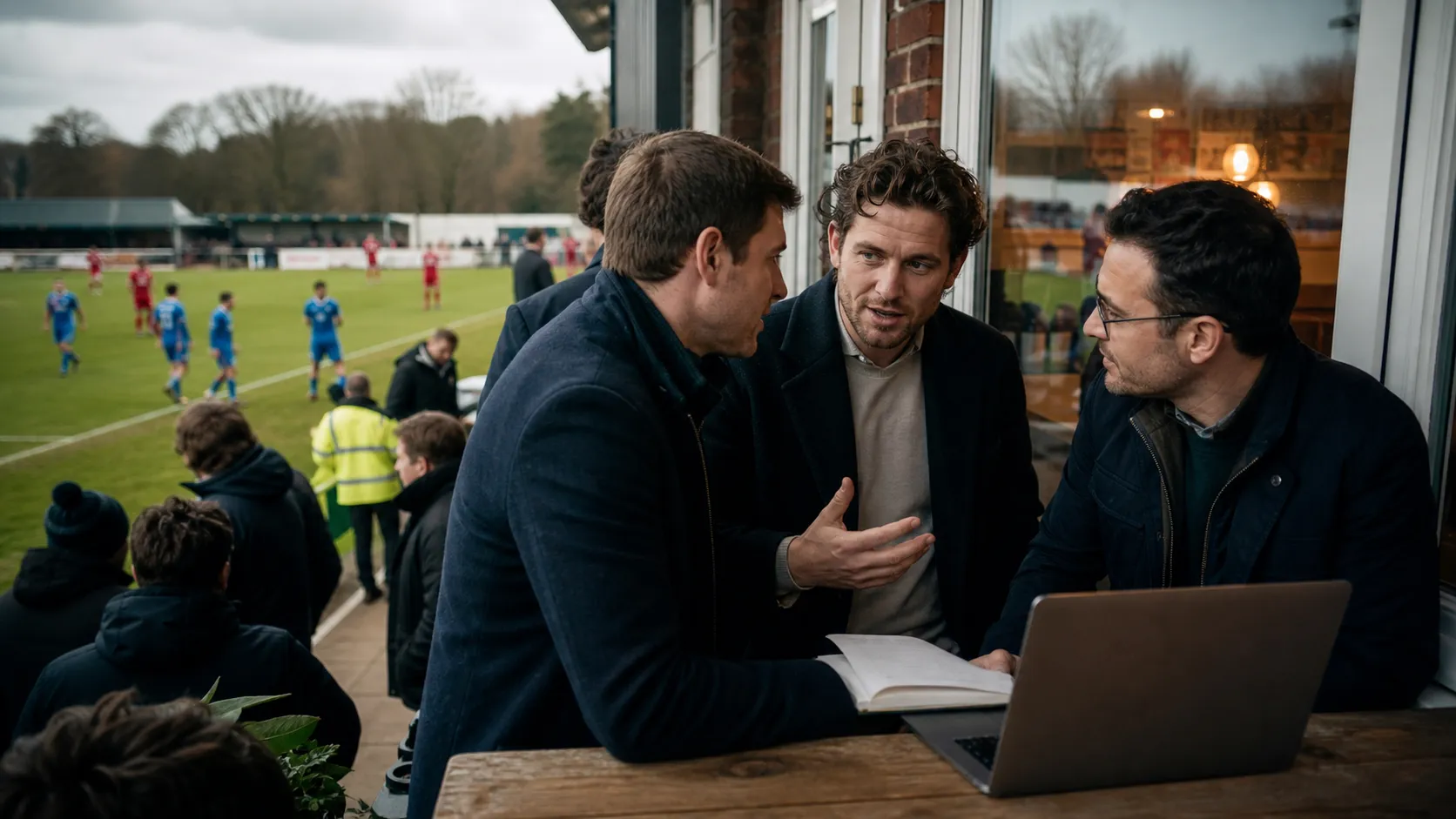 Football industry colleagues discussing a digital platform beside the pitch on matchday