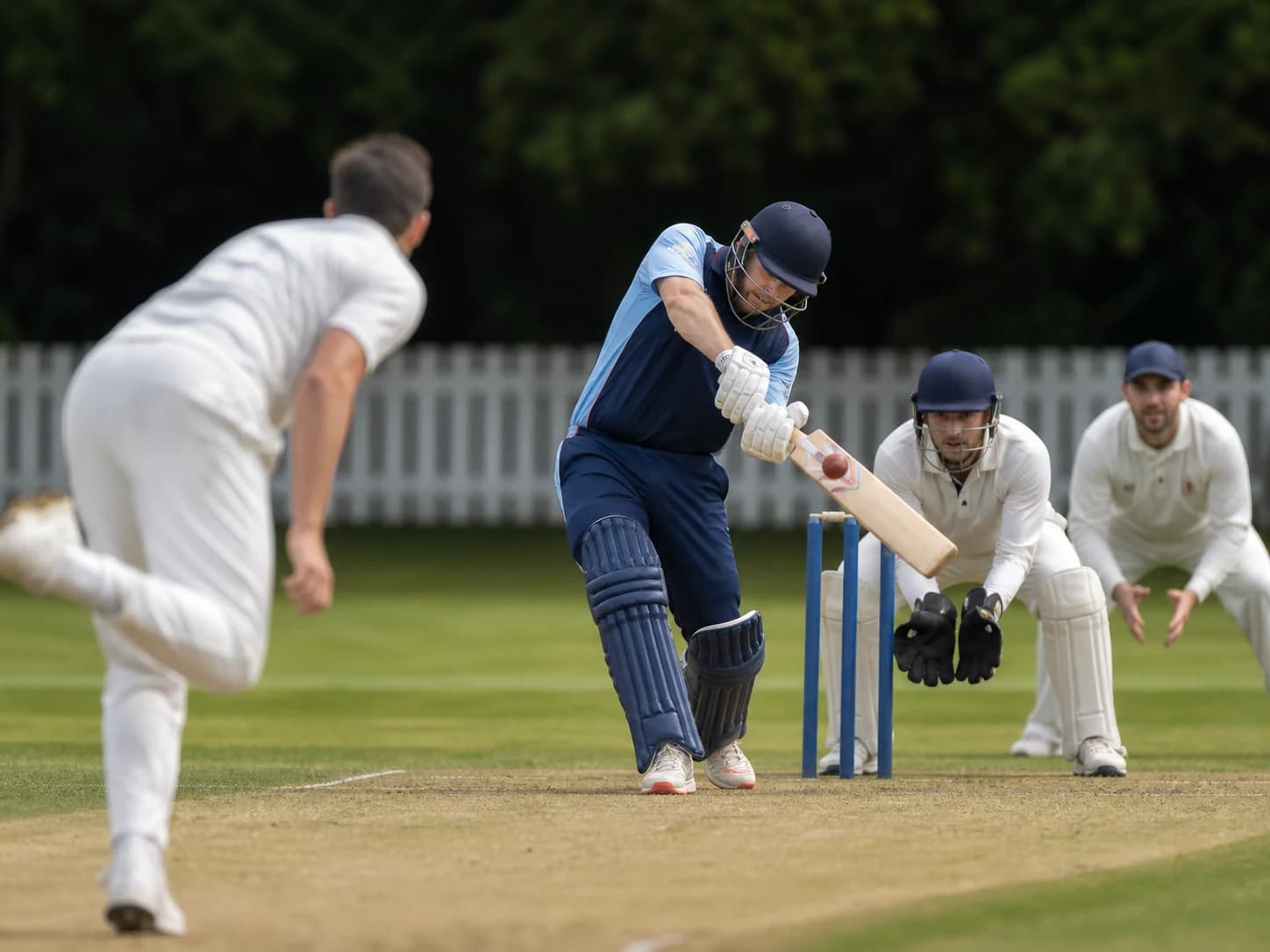 A cricket batter playing a shot during a club match