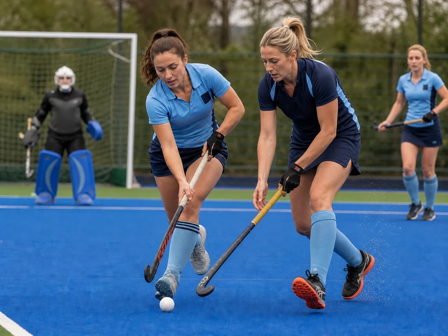Field hockey players competing for the ball during a club match