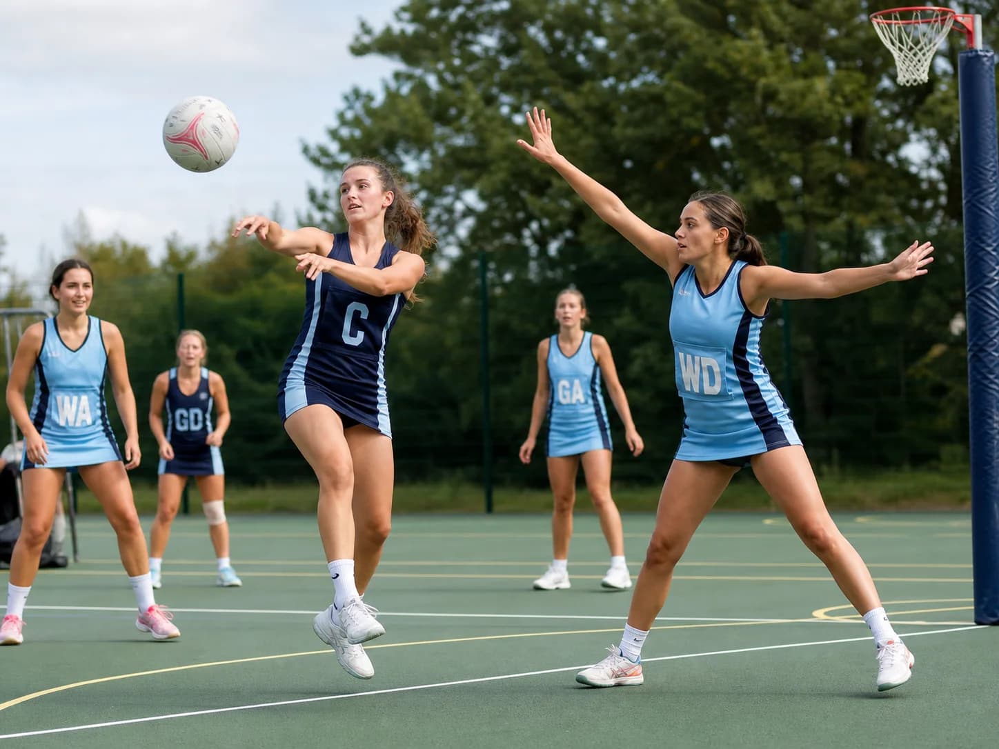 Netball players passing under pressure during a club match