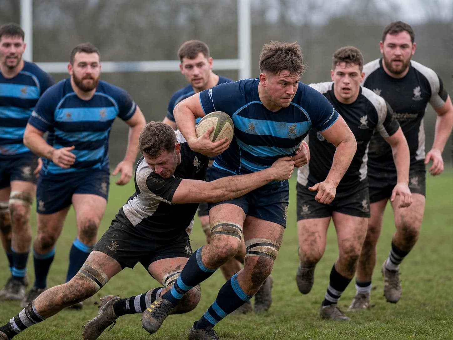 Rugby players contesting a tackle during a club match